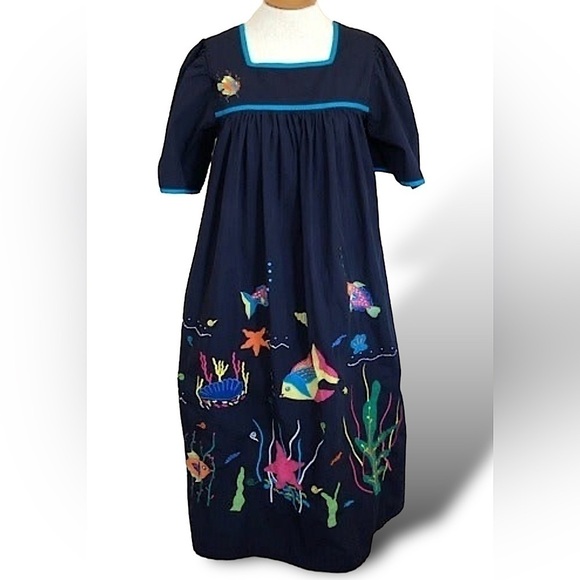 Navy Blue Fall Maxi Dress Embroidered Sea Fish Appliqué House Dress Size Medium - Picture 1 of 6